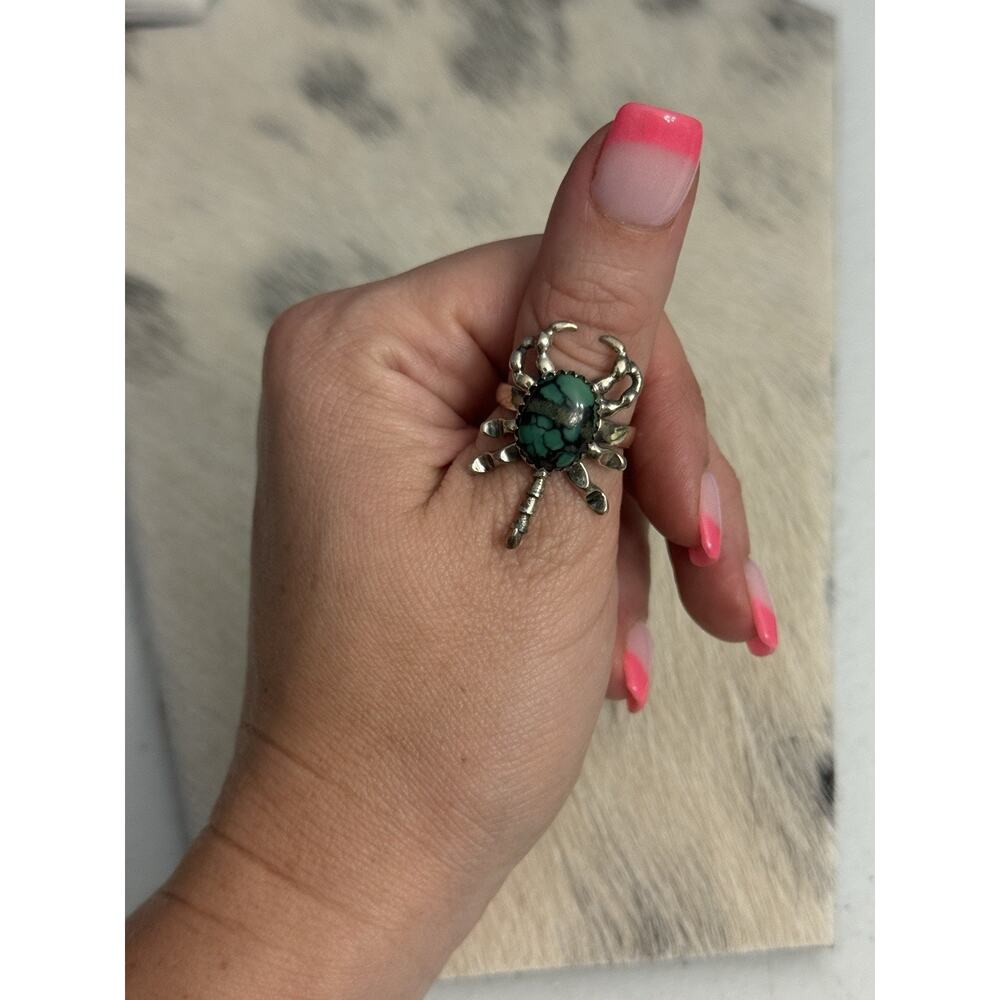 Sterling Silver Scorpion Green Turquoise Ring Size 8.25~Figural Arachnid Scorpio